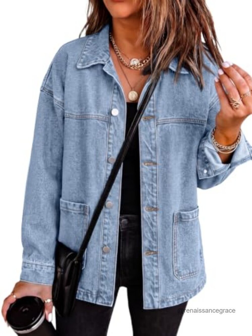 Oversized Cotton Denim Shacket Jacket Boyfriend Fit Button Front